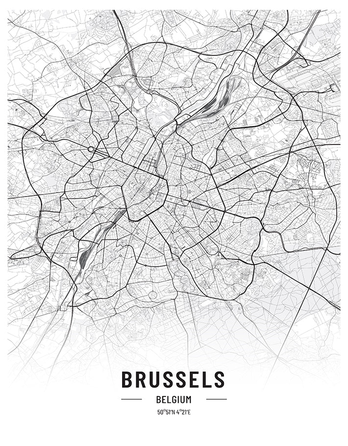 Brussels Black and White Map Art Print