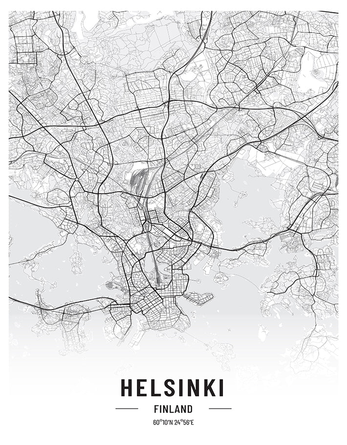 Helsinki Black and White Map Art Print