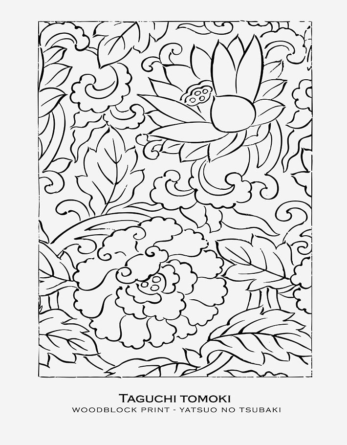 Japanese Botanical Line Art Woodblock Print by Taguchi Tomoki