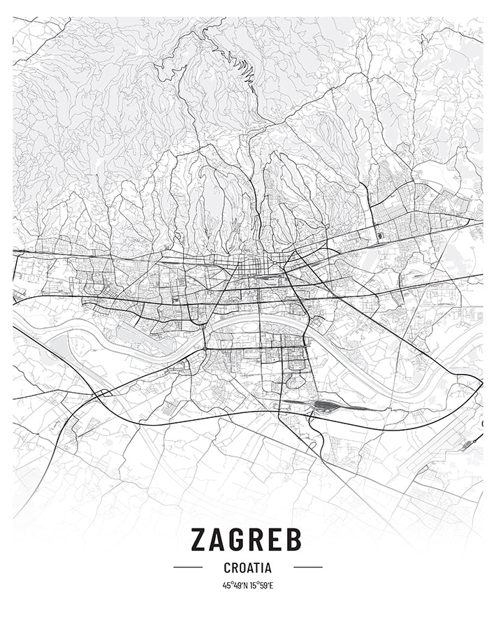 Zagreb Black and White Map Art Print