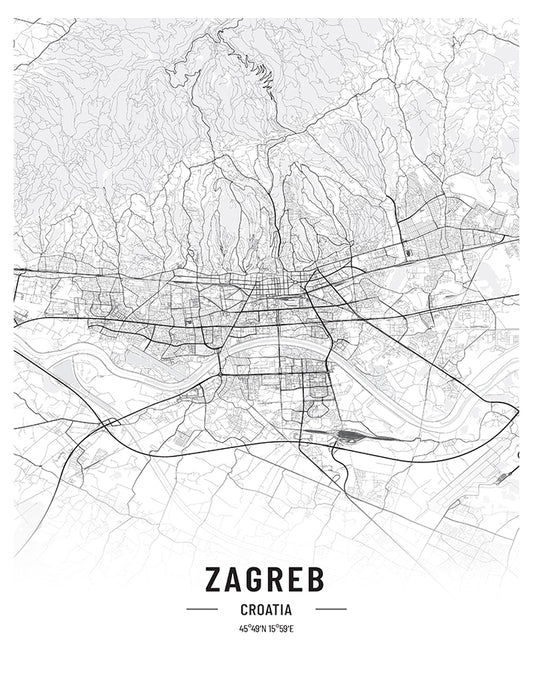 Zagreb Black and White Map Art Print
