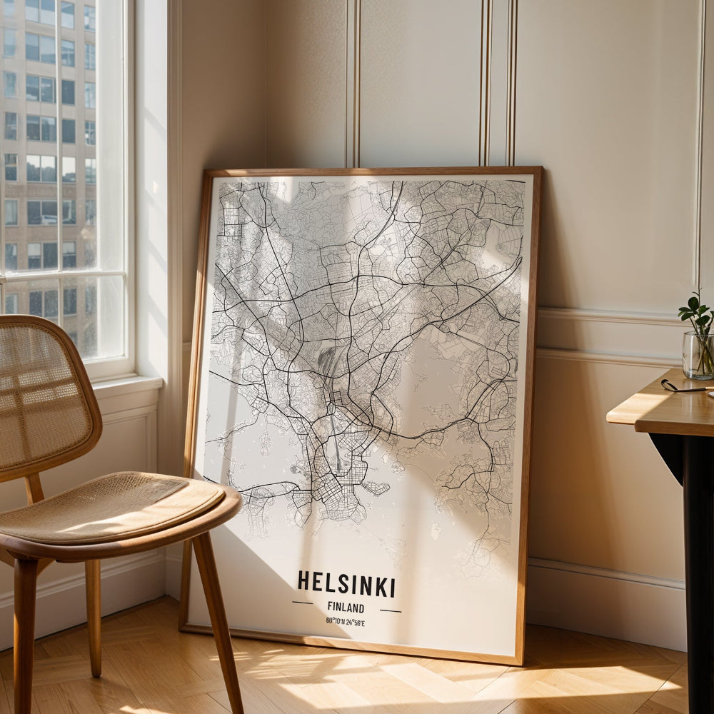 Helsinki Black and White Map Art Print
