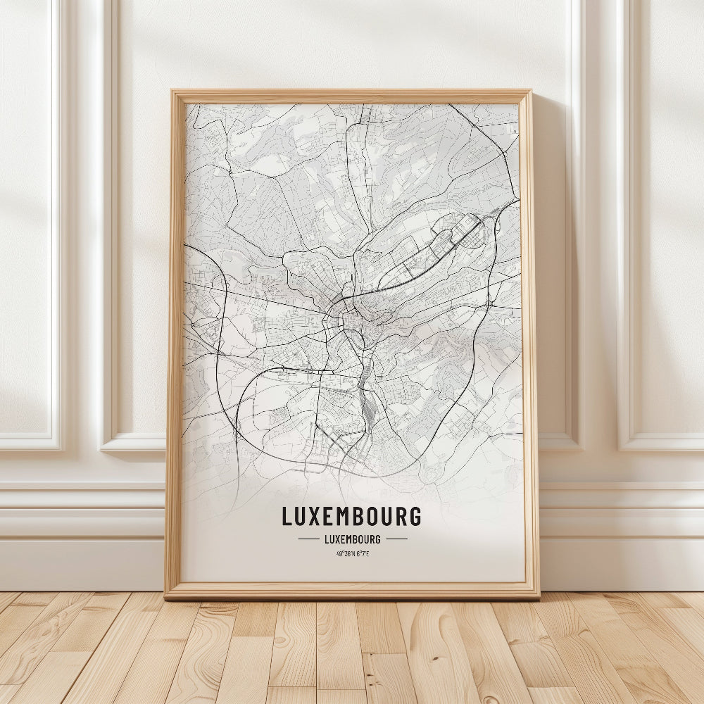 Luxembourg Black and White Map Art Print