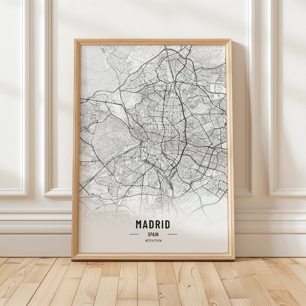 Madrid Black and White Map Art Print