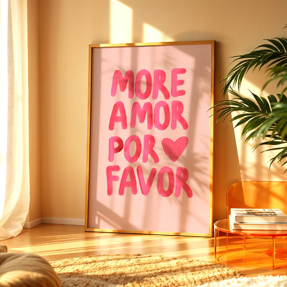Framed artwork with 'More Amor Por Favor' text in a living room setting.