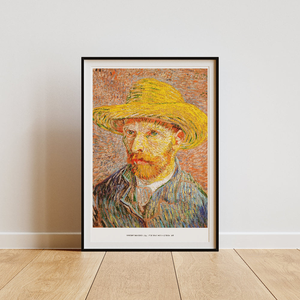 Framed artwork of a self-portrait of Vincent Van Gogh with a yellow hat.
