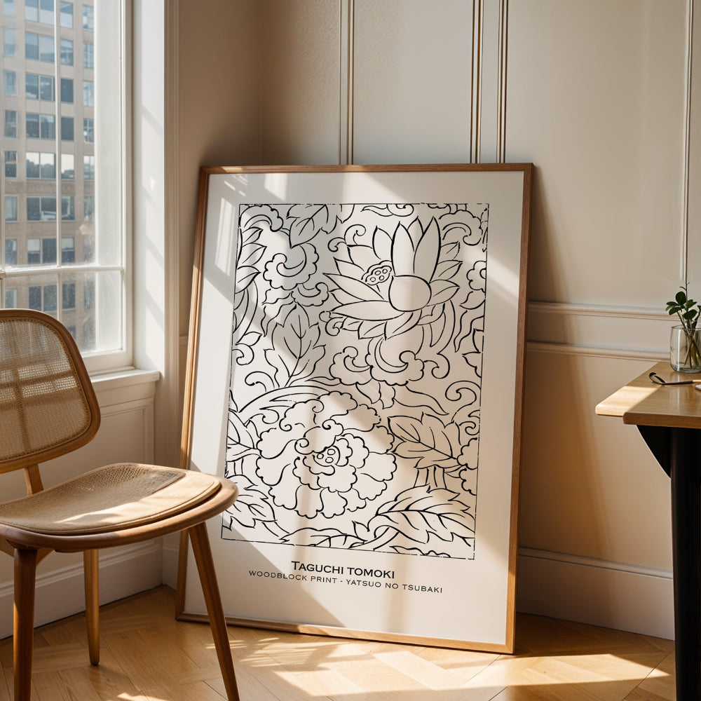 Japanese Botanical Line Art Woodblock Print by Taguchi Tomoki