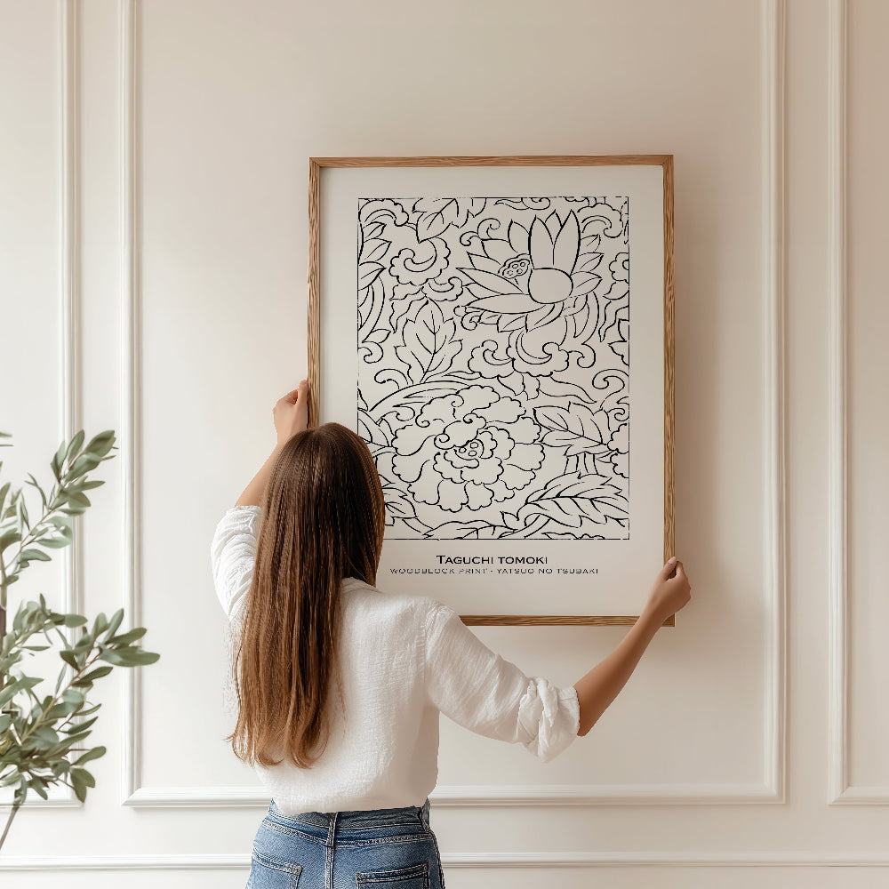 Japanese Botanical Line Art Woodblock Print by Taguchi Tomoki