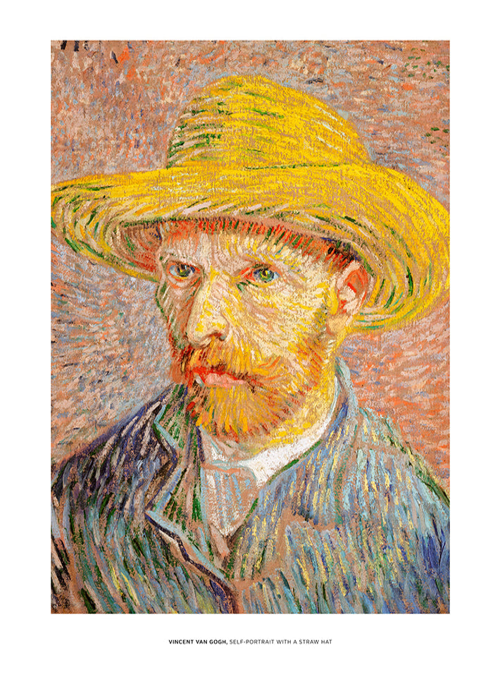 Self-portrait painting of Vincent Van Gogh wearing a straw hat with a textured background