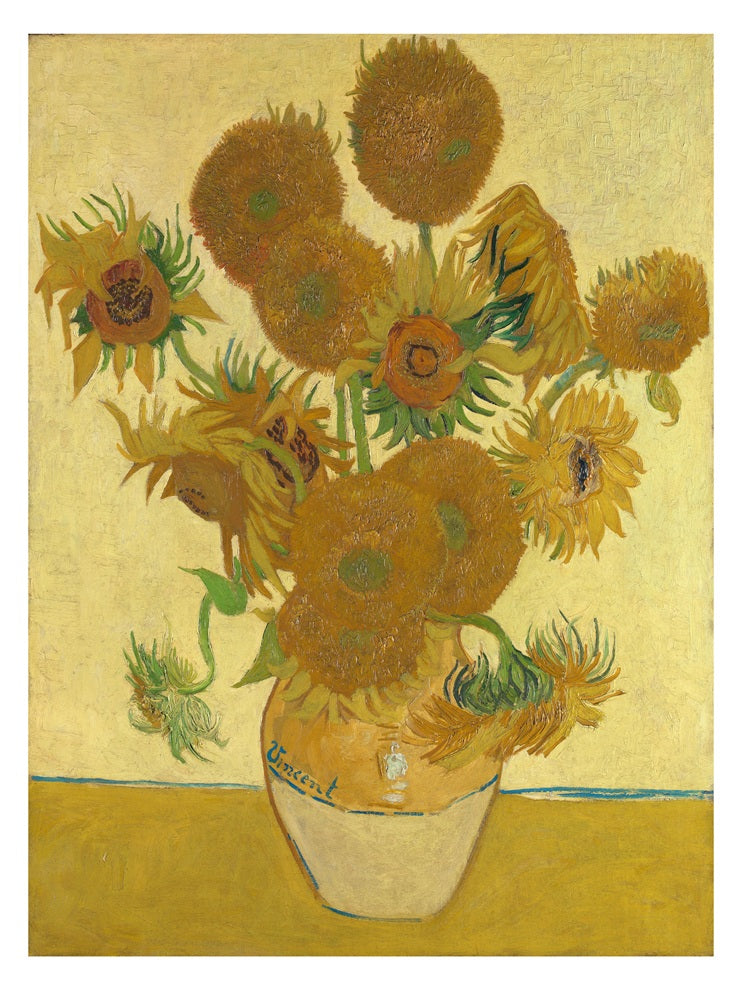 Famous painting of sunflowers in a vase on a yellow background