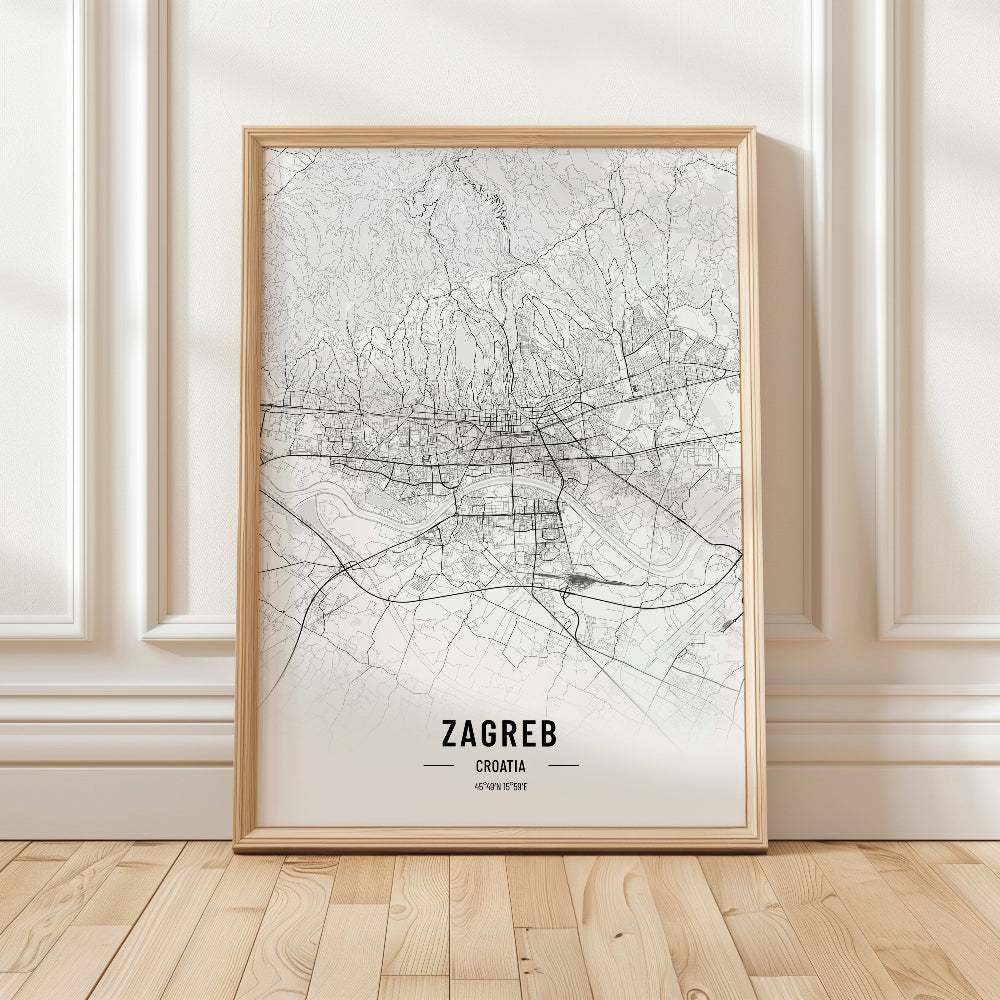 Zagreb Black and White Map Art Print